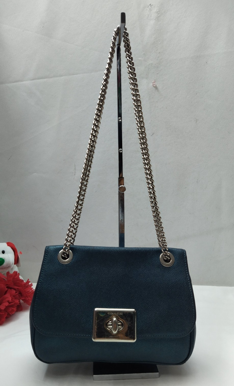 Coach Blue Leather Turnlock Chain Strap Crossbody Shoulder Bag
